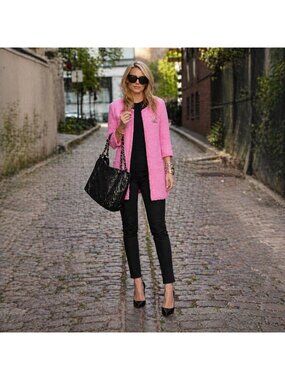 ZARA Pink Bouclé Coat Chanel Style Open Front Textured Jacket Size M